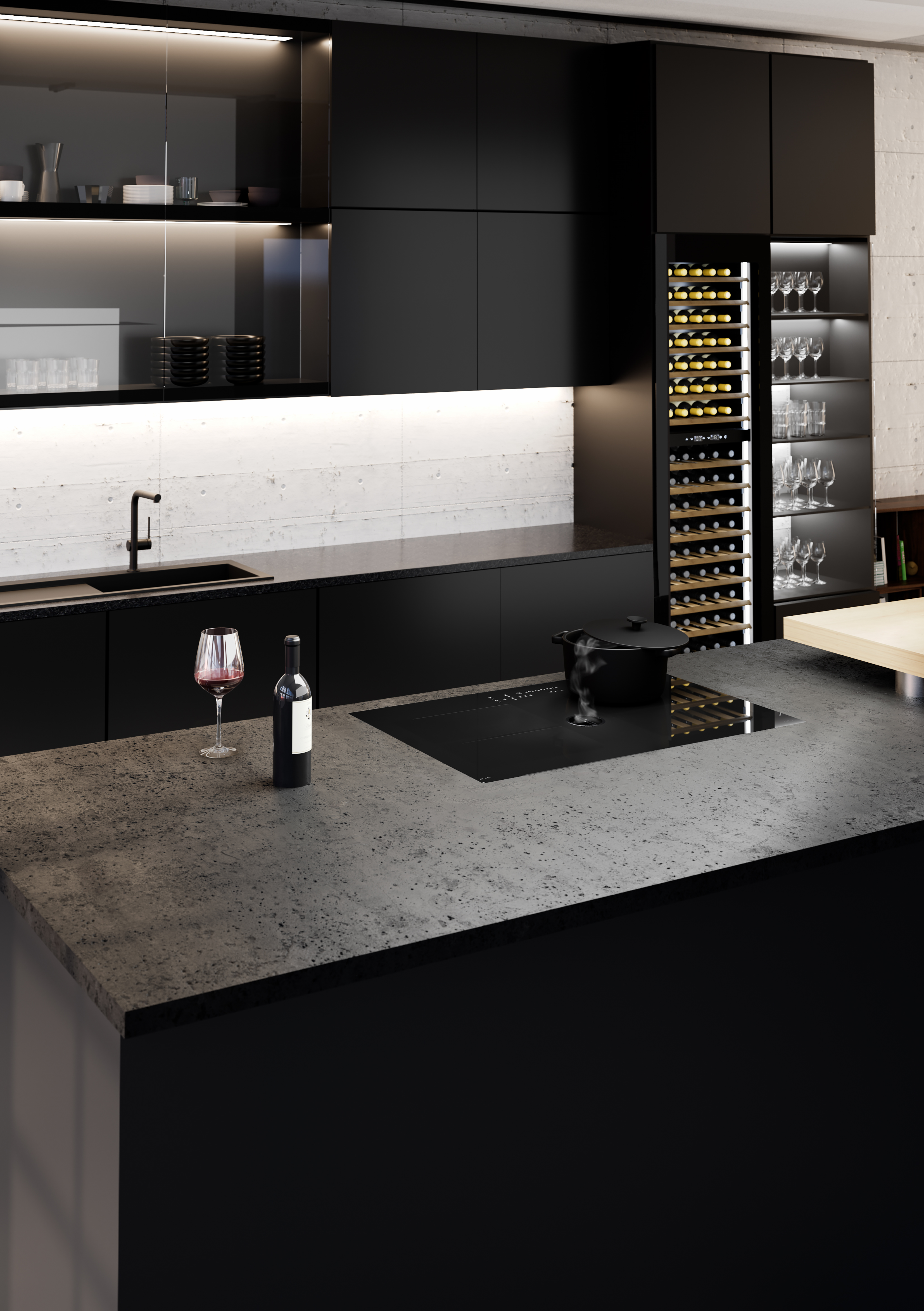 CASO Design schwarze Küche mit Kochinsel Kochfeld mit Kochfeldabzug Weinklimaschrank